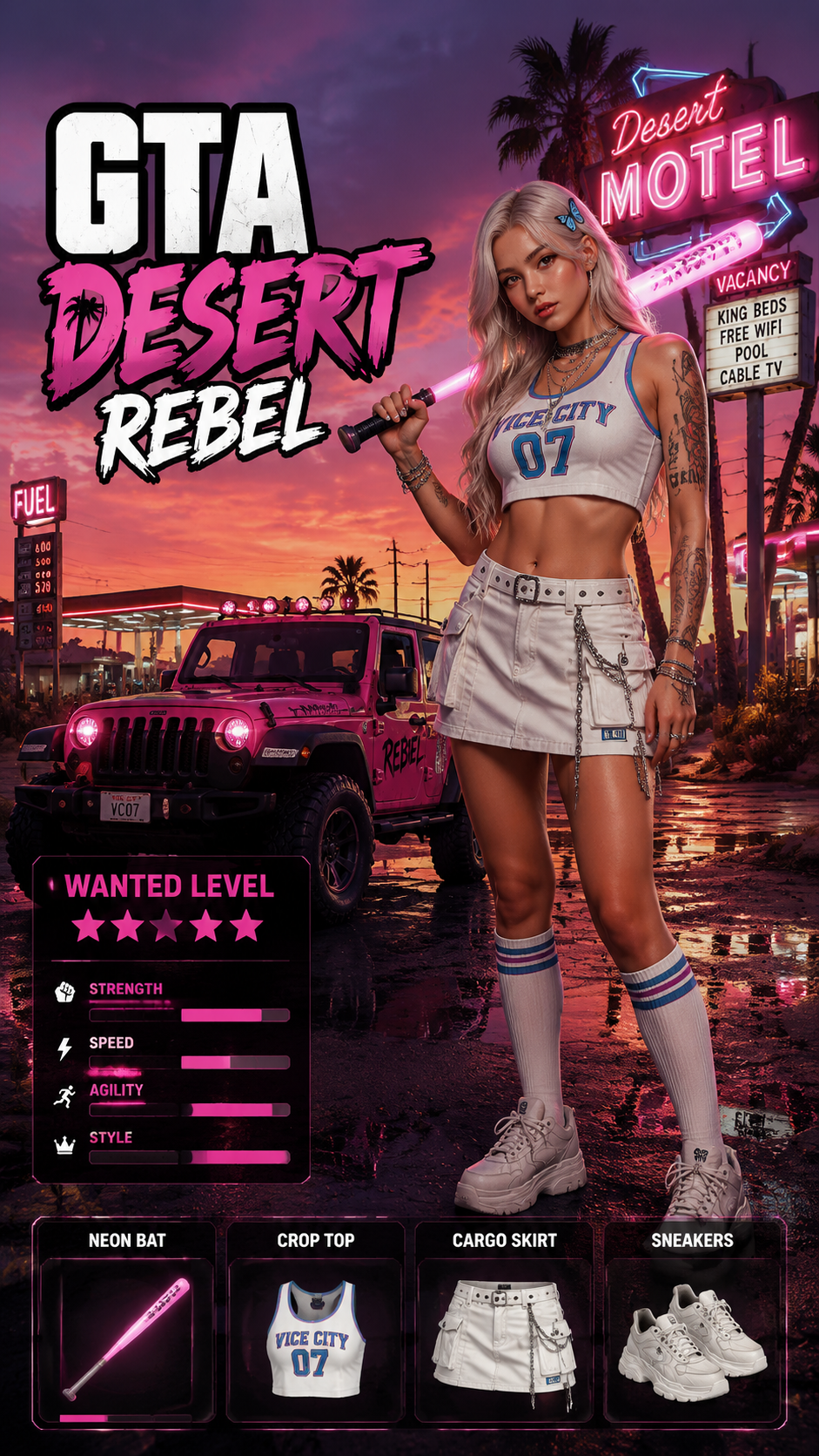 9:16 vertical GTA-style character selection poster, desert sunset scene, neon mo