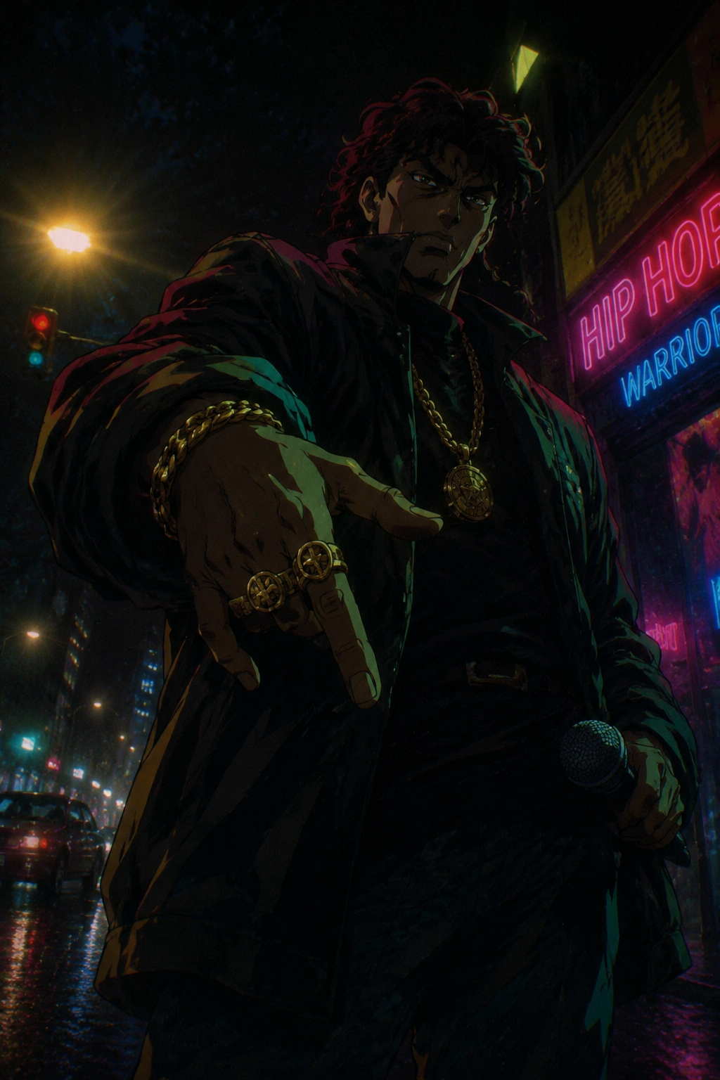 90s dark cel-shaded Midjourney prompt Rap warrior