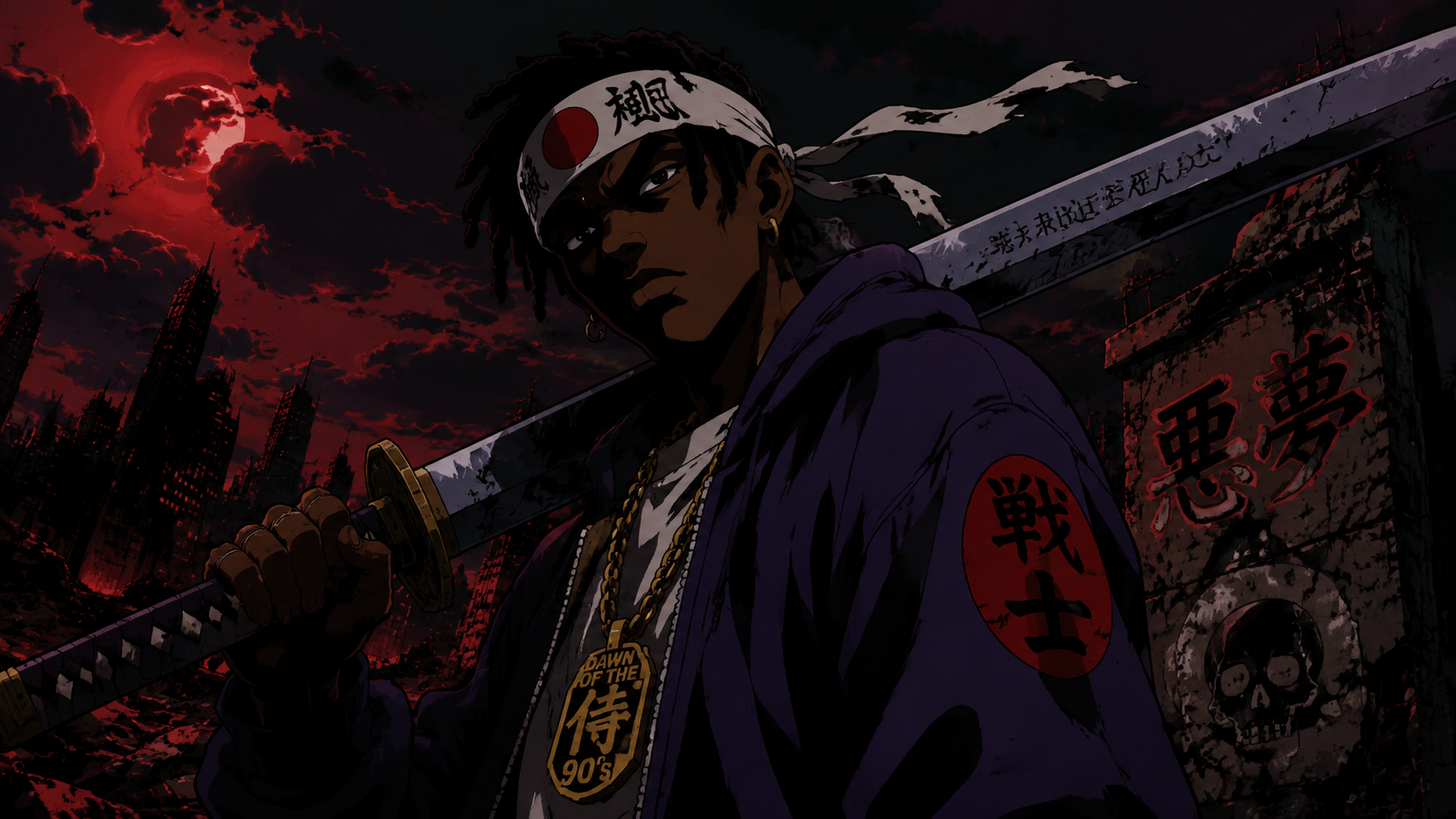 90s dark cel-shaded Midjourney prompt anime rap warrior