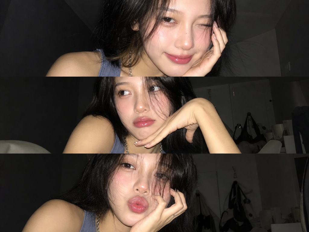 Ultra-realistic late-night flash selfie collage, three stacked mobile phone phot