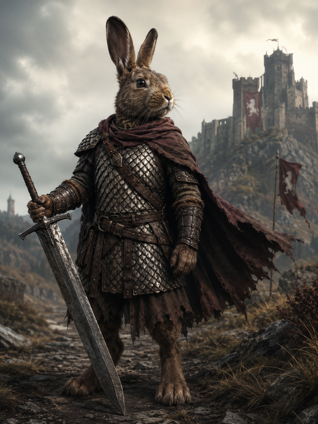 Brown rabbit person with a great sword and scale mail