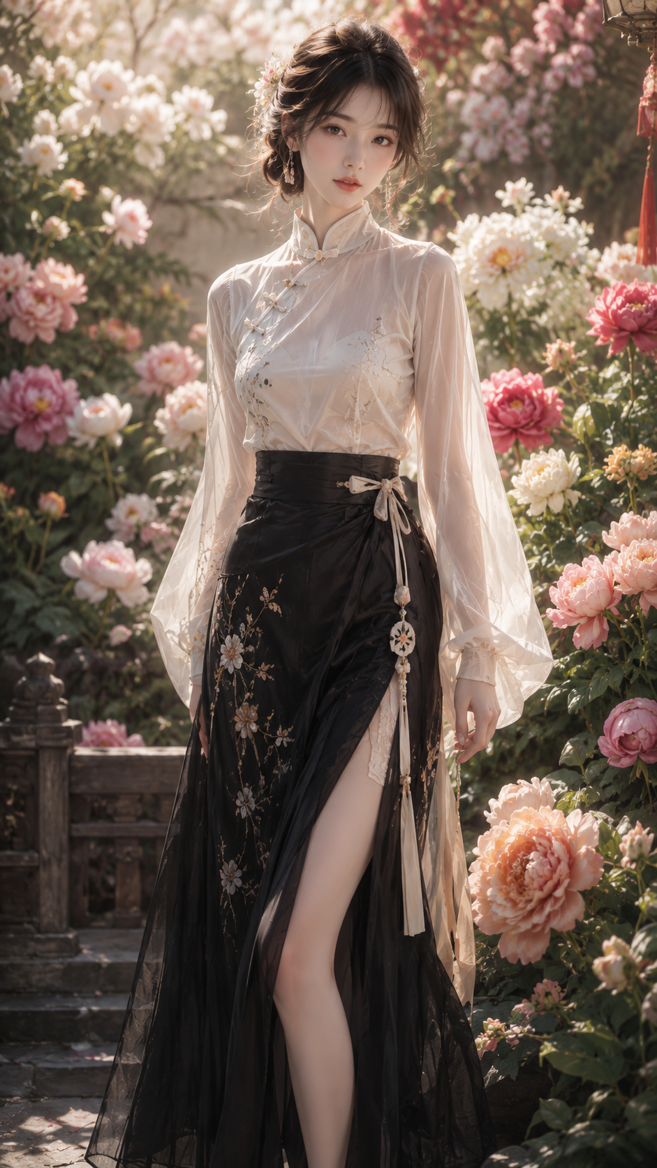 竖版 9:16,新中式服装,美少女,上白下黑,上面隐约透明,背景是锦簇花团