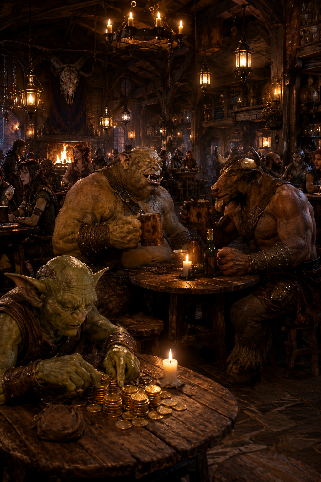 A single continuous cinematic scene inside one crowded medieval fantasy tavern,