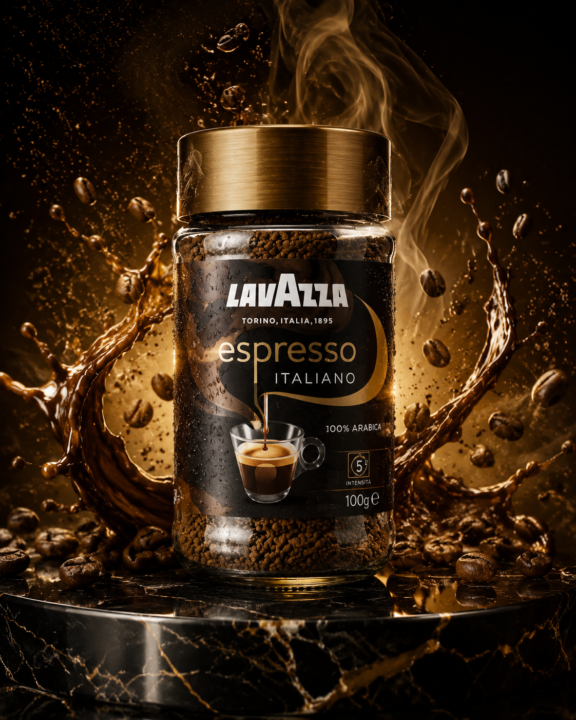 Ultra premium Lavazza coffee jar standing on a polished black marble platform, s