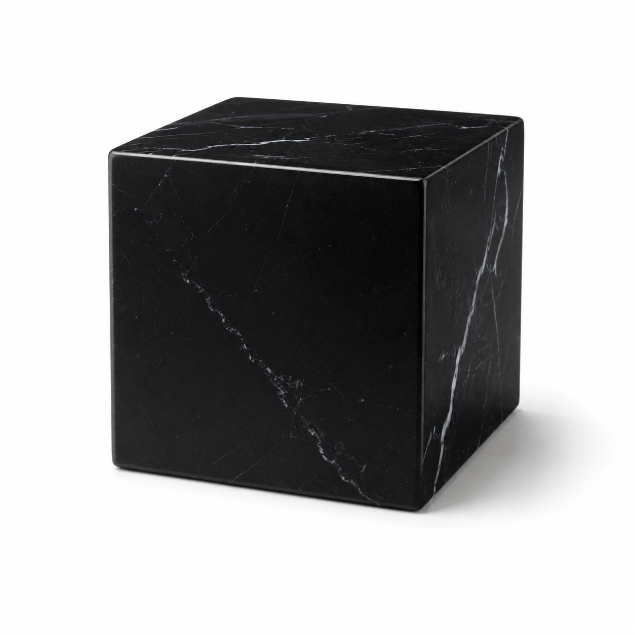 Minimal black marble cube on a white seamless studio background, soft shadow, pr
