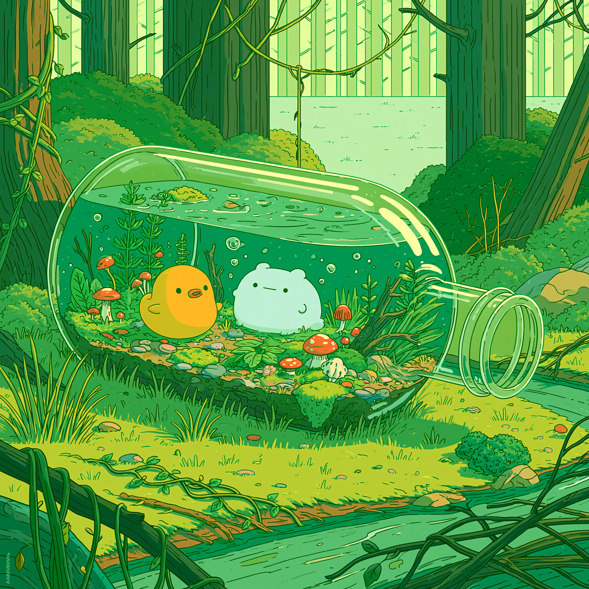 In a secluded forest corner, a large transparent glass bottle lies on its side o