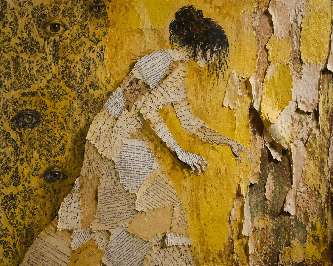 A raw, physical mixed-media collage on a textured canvas for “The Yellow Wallpap