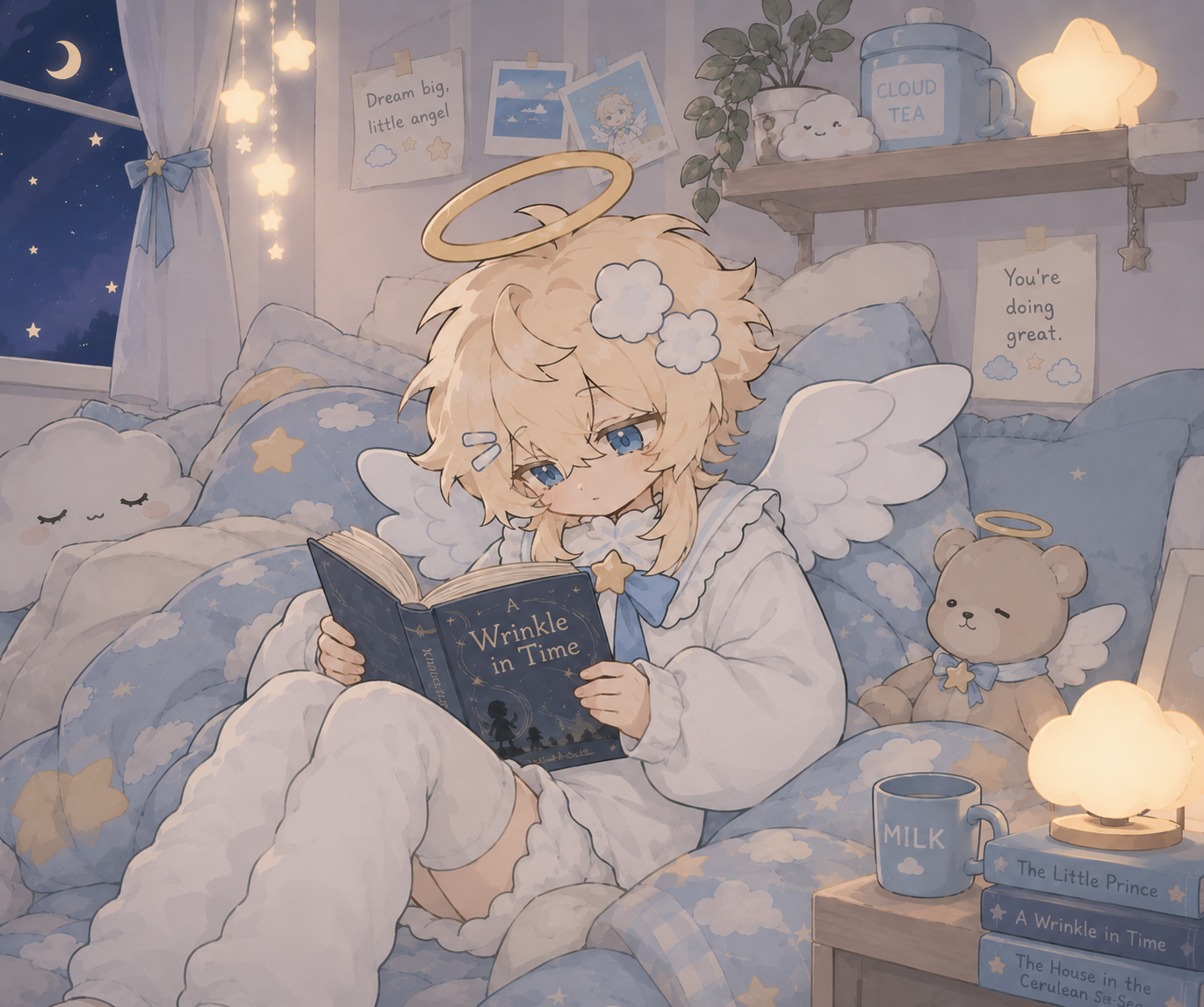Draw this character reading a book called a wrinkle in time