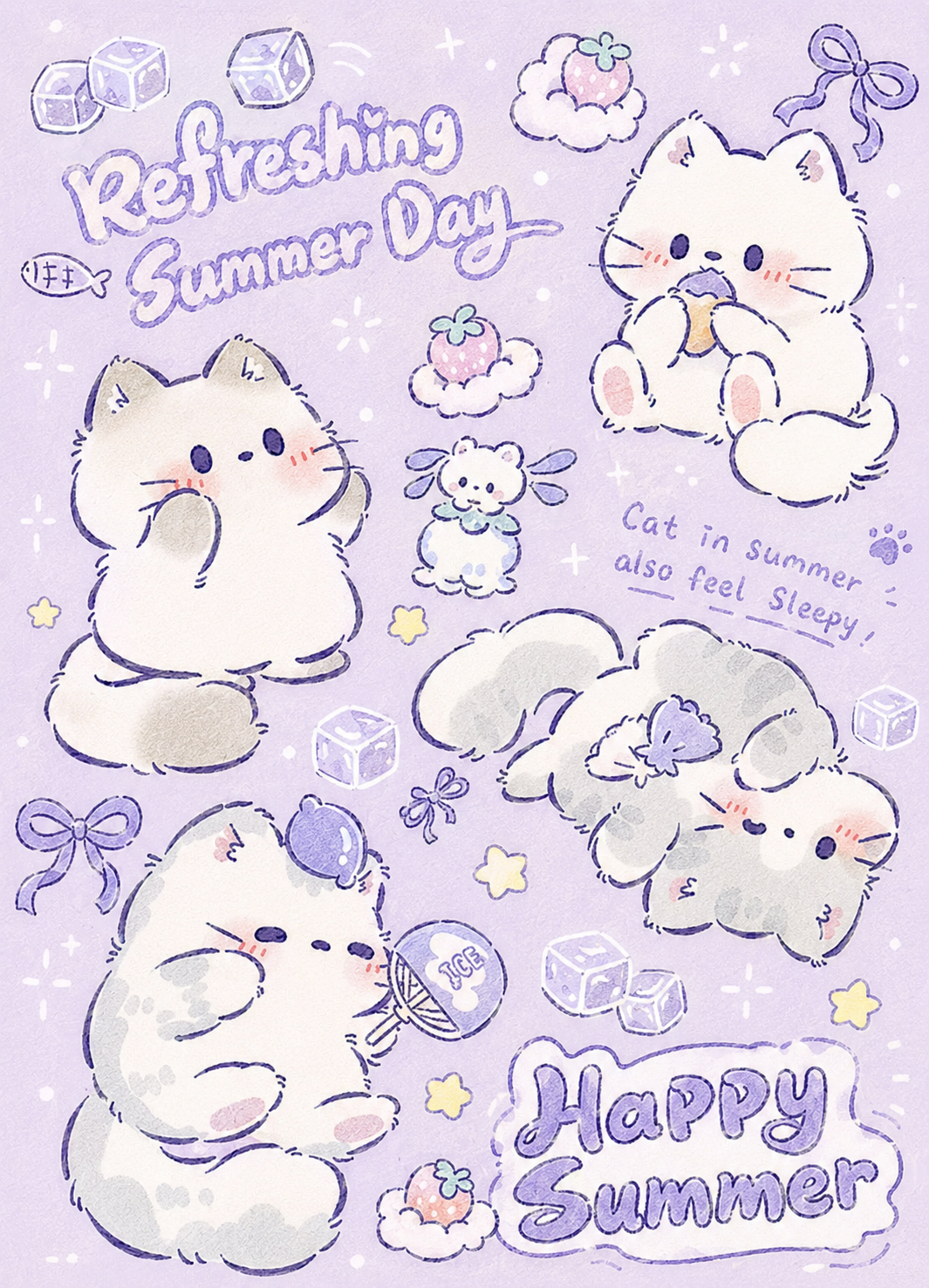 Vertical illustration, solid light taro purple background, healing fluffy chibi 