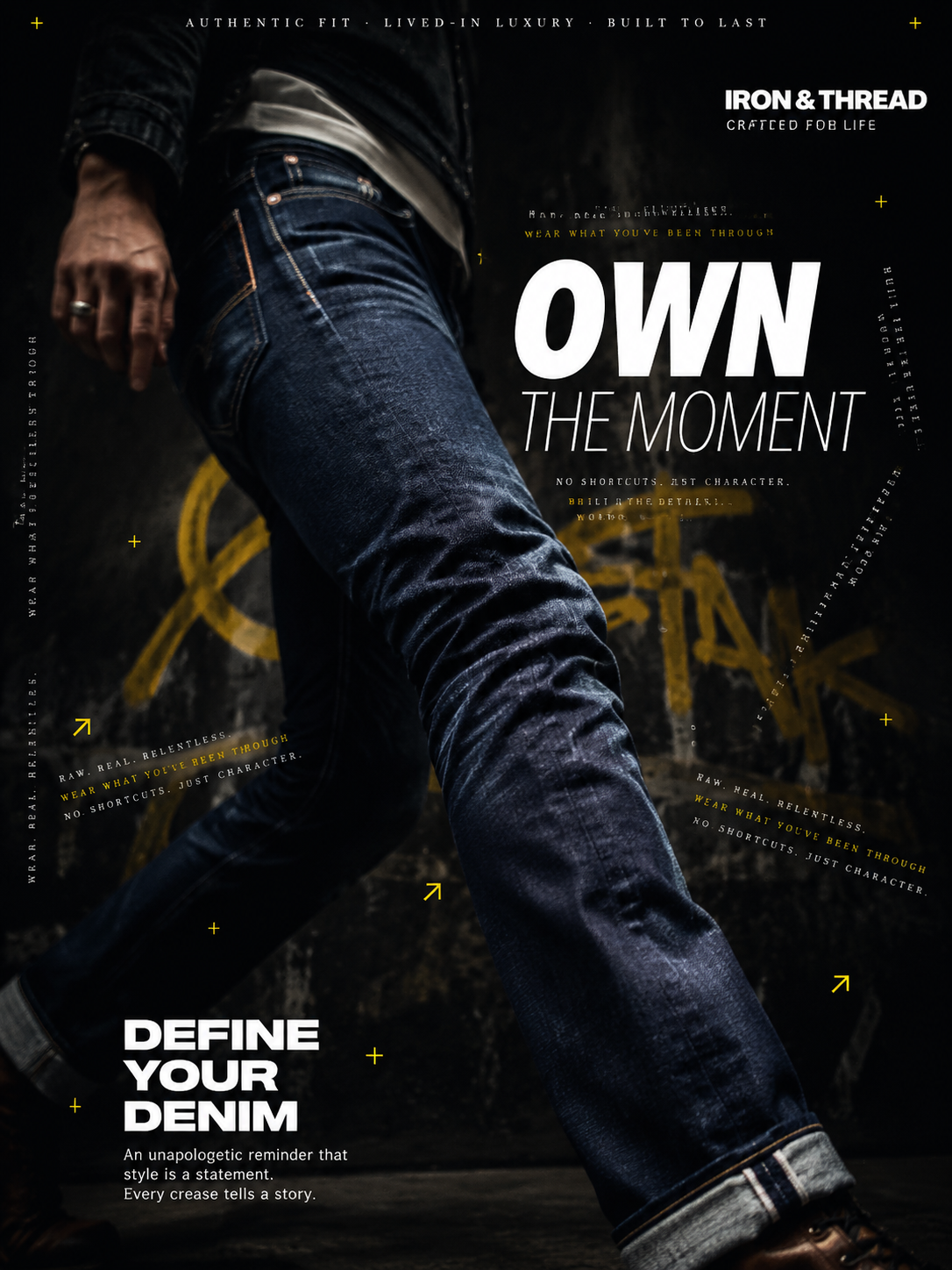 A hyperrealistic premium denim advertisement shot in a dark, moody editorial sty