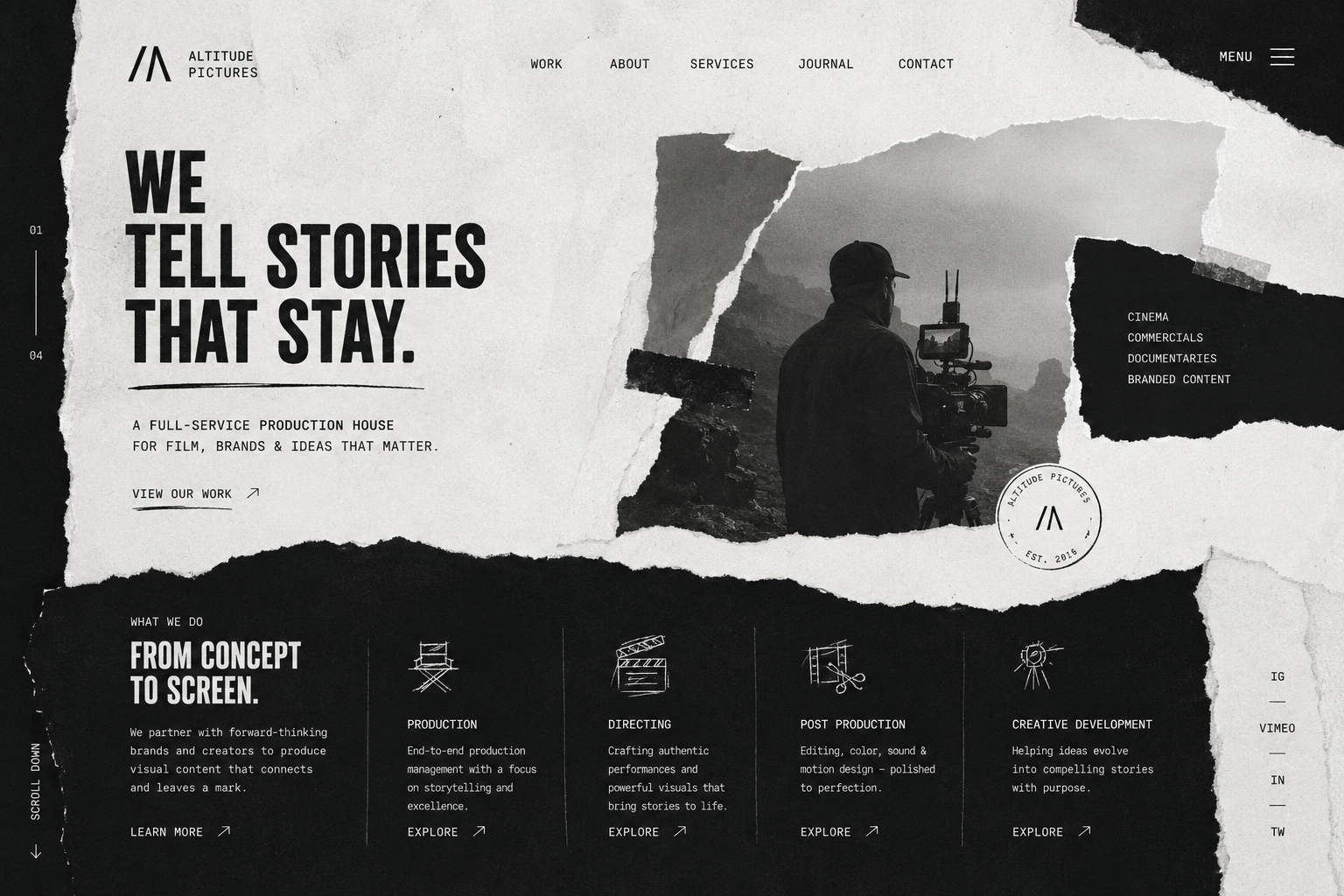 Create a torned paper style website for a production house with mono ui style