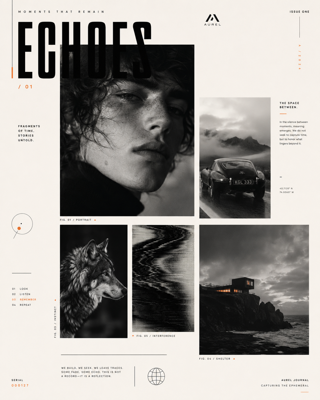 Avant-garde graphic design poster page, elegant editorial layout, off-white back