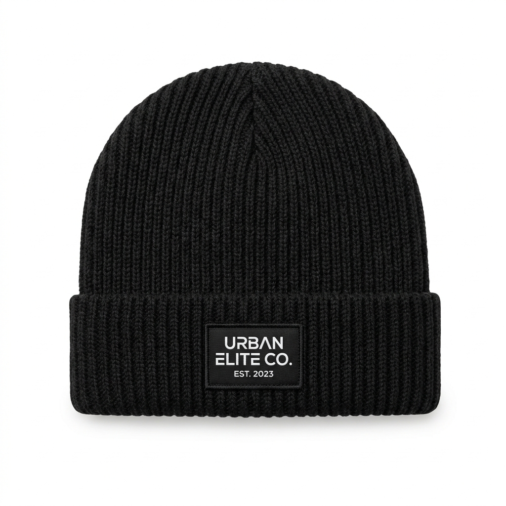 Gorro tipo beanie tejido de color negro sólido, fotografía de producto para e-co