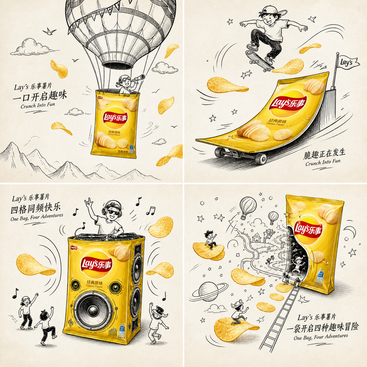 Create a premium 2x2 grid advertising artwork for Lay’s potato chips, one single