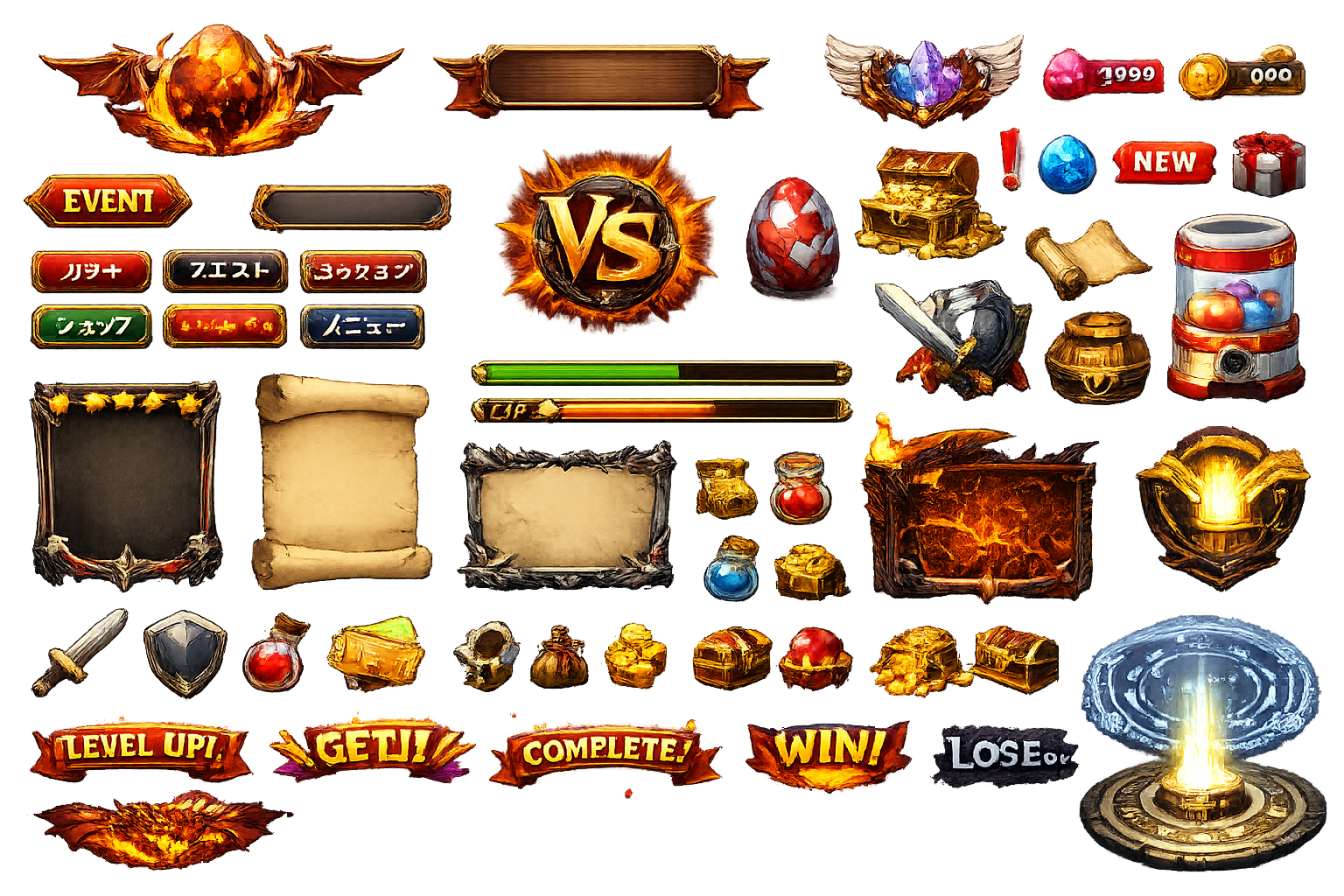 ドラゴンエッグ用ゲームアプリUI素材セットシート 背景透明