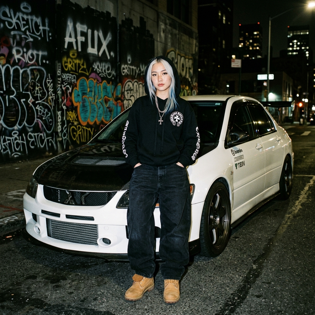 A realistic, candid full body photo of a young asian woman, White hair with blue