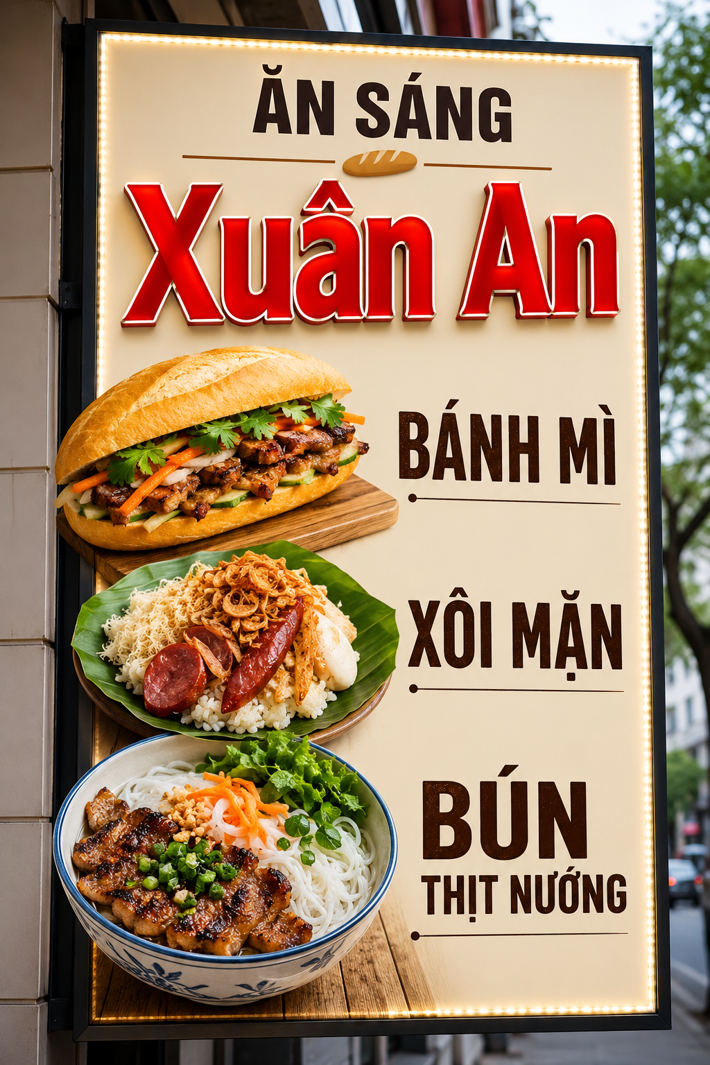 Thiết kế biển quảng cáo ăn sáng các món Bánh Mì, Xôi mặn, Bún Thịt Nướng tên cửa