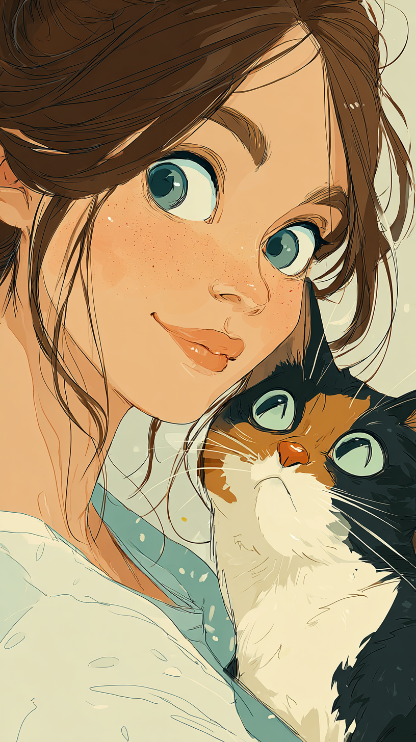 A cute girl and a cat, with beautiful eyes, in an adorable art illustration styl