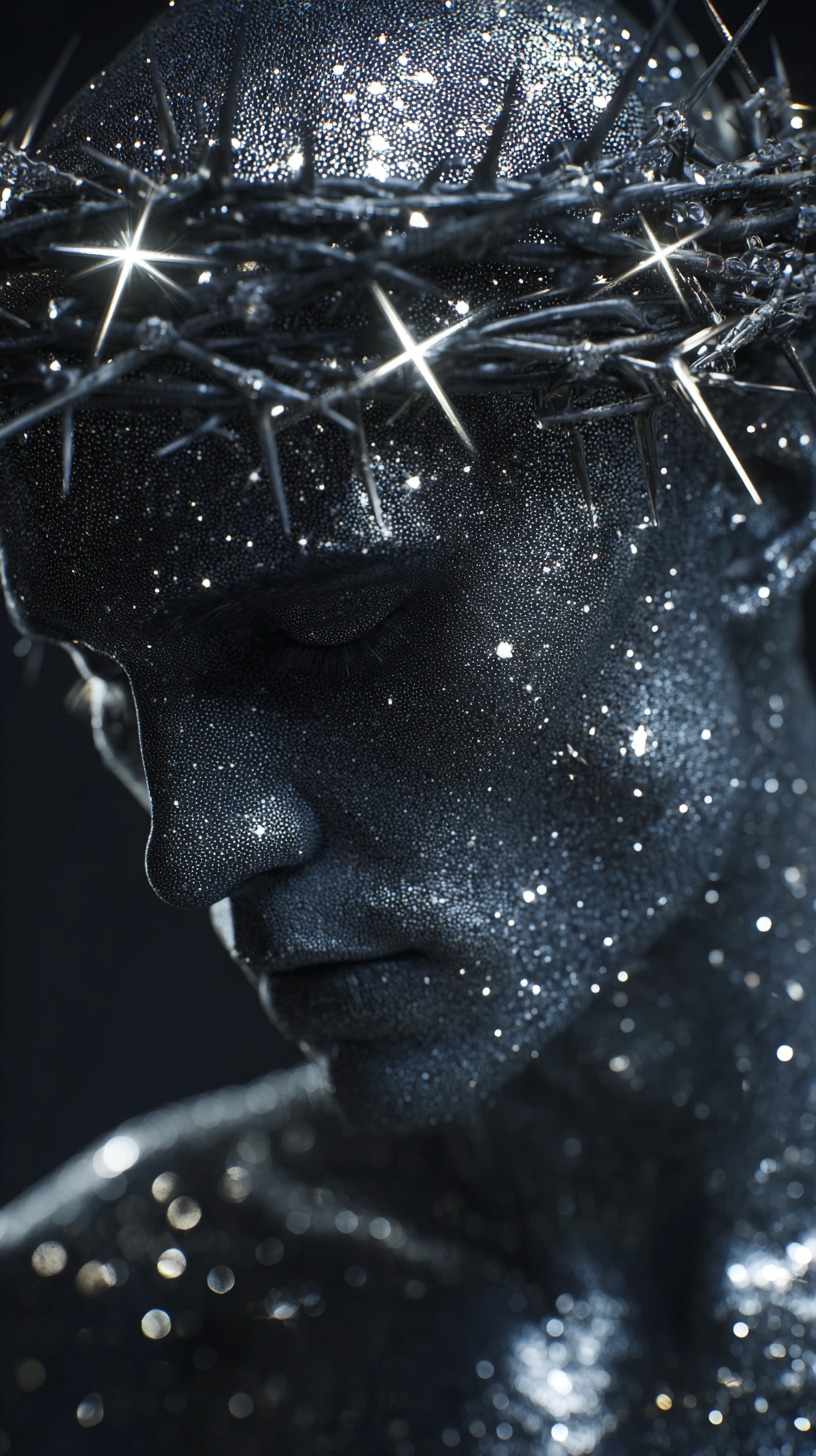 In a background in outer space, surrounded only by bright stars, a male figure w