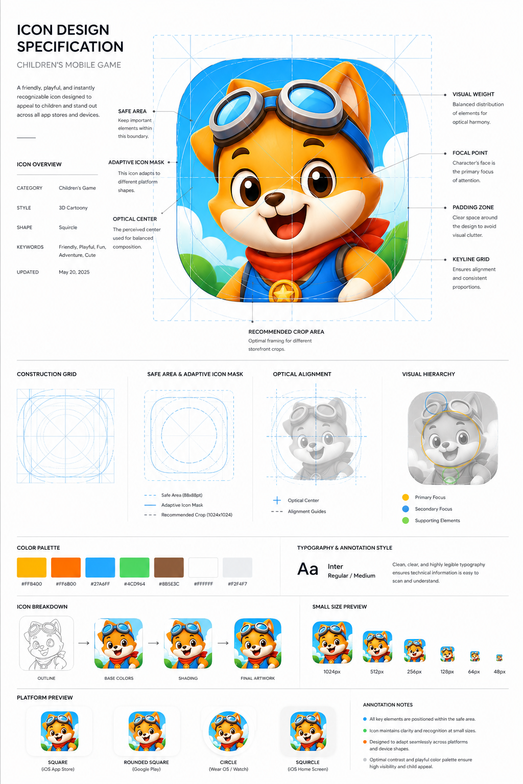Design a premium app icon presentation board for a children's mobile game icon, 