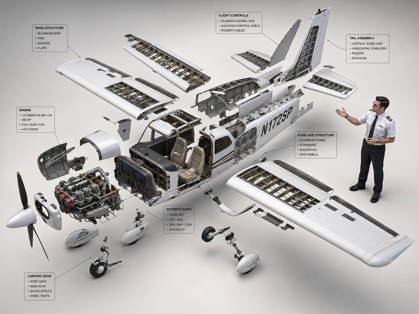High-end 3D CAD exploded view diagram of a Cessna 172, designed for CPL pilot tr
