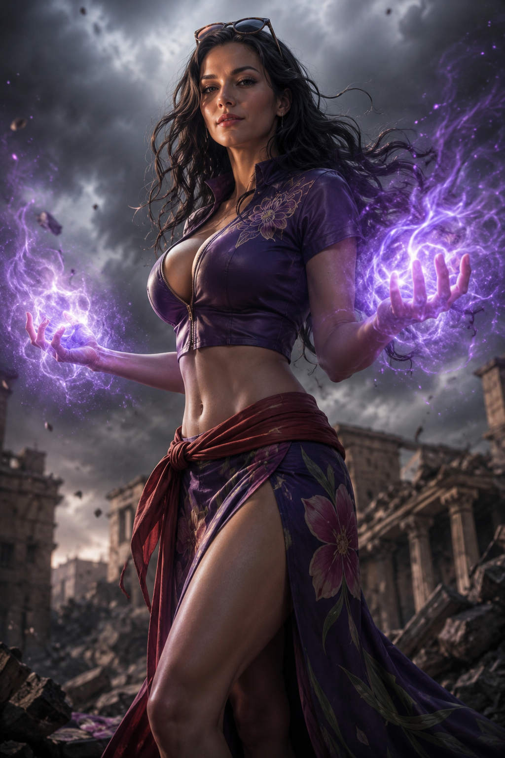 A photorealistic woman inspired by Nico Robin from One Piece