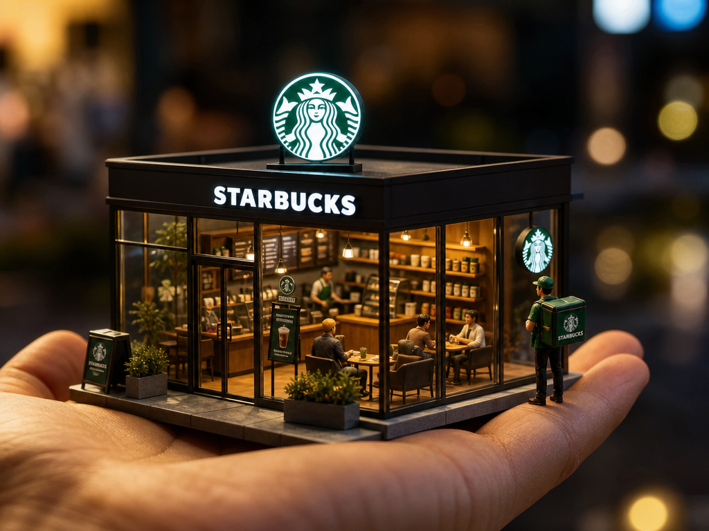 An ultra-realistic miniature [YOUR BRAND] showroom balanced on a human palm, des
