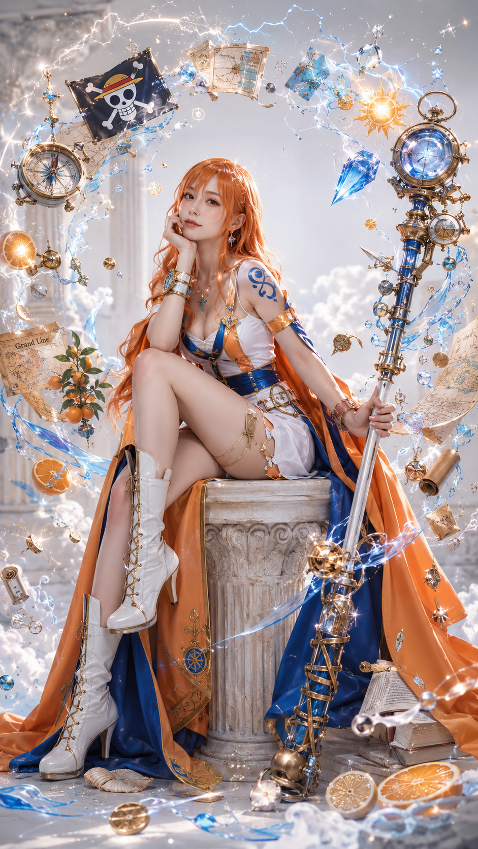 娜美 Nami（海贼王），成年角色真人 COS，真实摄影质感，高级商业摄影风格。 保留娜美核心角色识别点，包括橙色长发、棕色眼睛、成熟自信的航海士气质、草帽海贼