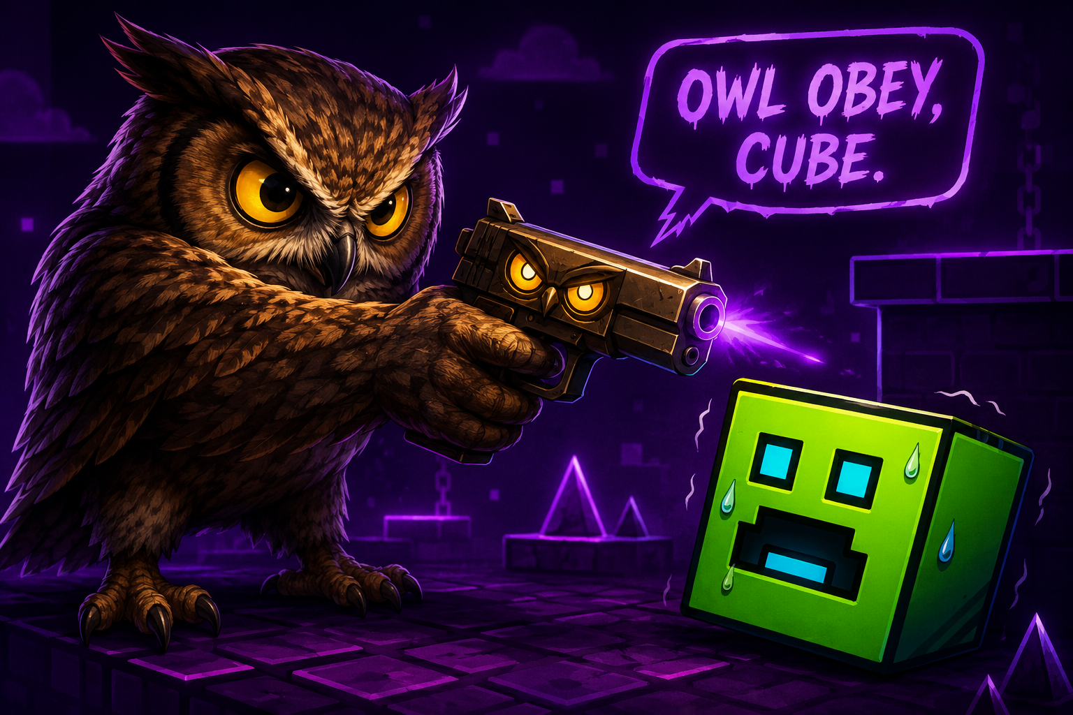 Make an owl threatening a geometry dash cube with an owl gun