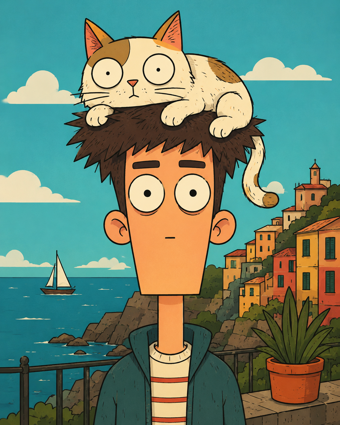 Vertical quirky flat cartoon portrait of [HUMAN] with a tall geometric head, lon