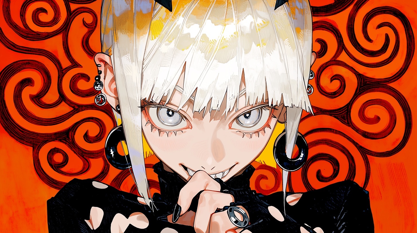 A manga showing a woman with short white hair and silver eyes, wearing black ear
