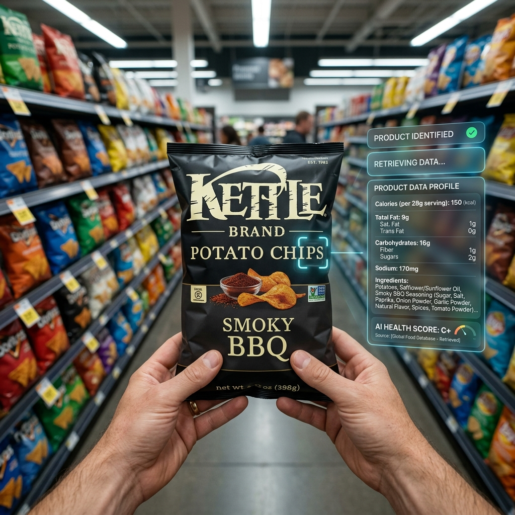 Ultra-realistic cinematic POV shot inside a modern supermarket snack aisle