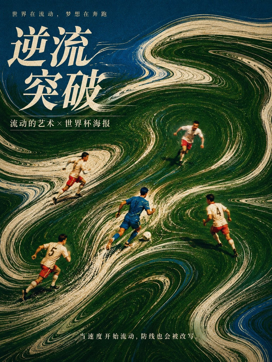 流动艺术 × 世界杯海报 × AI提示词分享: 把一个普通的“世界杯 / 足球比赛”主题, 做成一组更有流动感的中文概念海报。 不是普通体育海报...