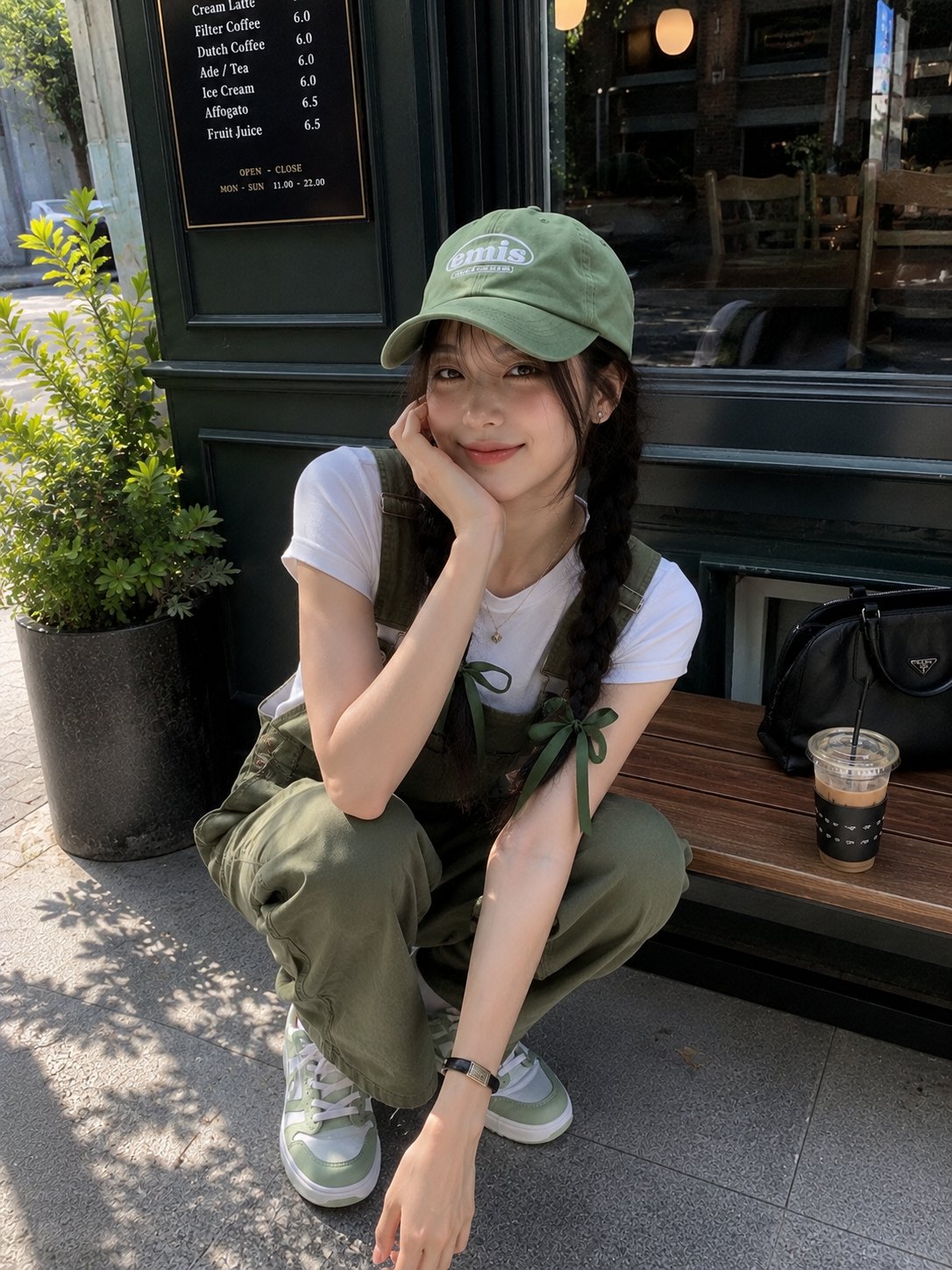 超现实主义街头时尚肖像,描绘一位可爱的年轻女子盘腿坐在一家时尚咖啡馆外的长椅上。她留着长长的黑发,编成两条整齐的辫子,搭配相配的绿色丝带蝴蝶结,...
