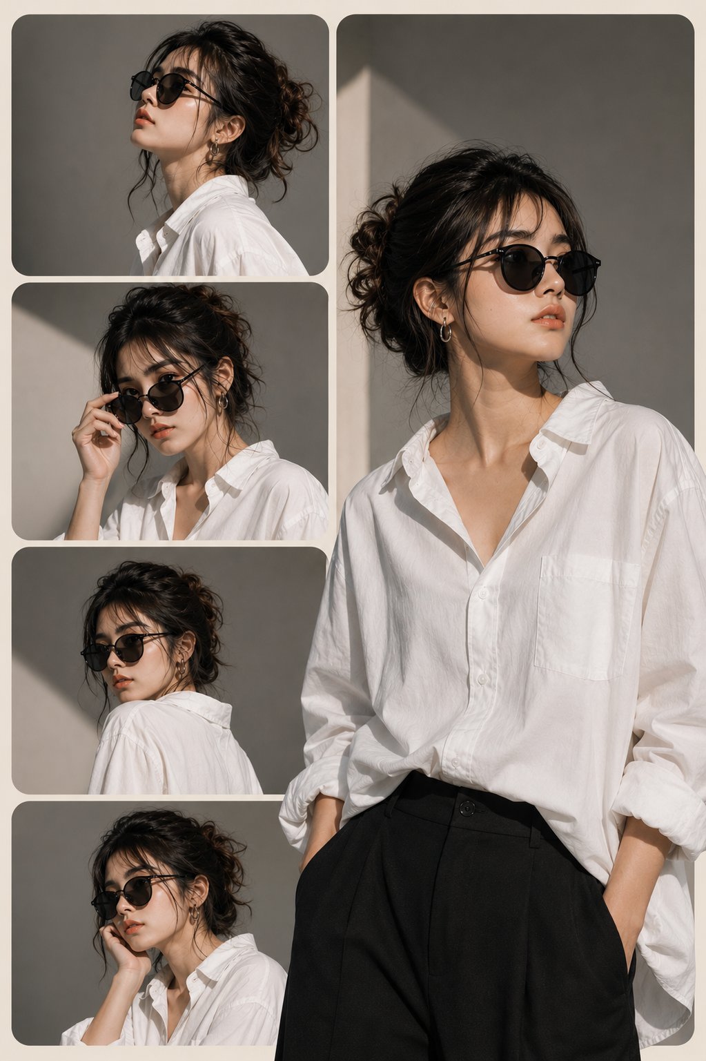 Create a stylish editorial fashion collage featuring the same young woma...