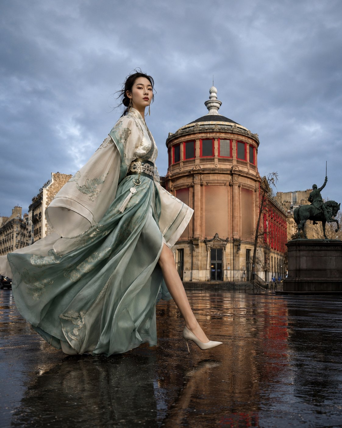 GPT Image 2 on ChatGPT Prompt 一位20多岁的东亚成年女性，高级时装模特比例，修长身材，长腿，窄腰，挺直肩颈，鹅蛋脸...