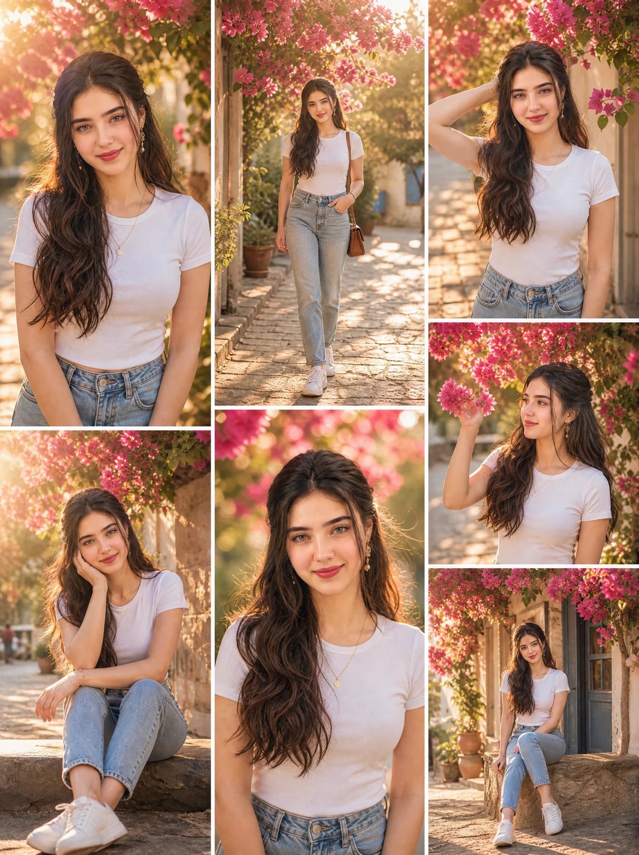 A premium cinematic editorial photo collage featuring the same beautiful...