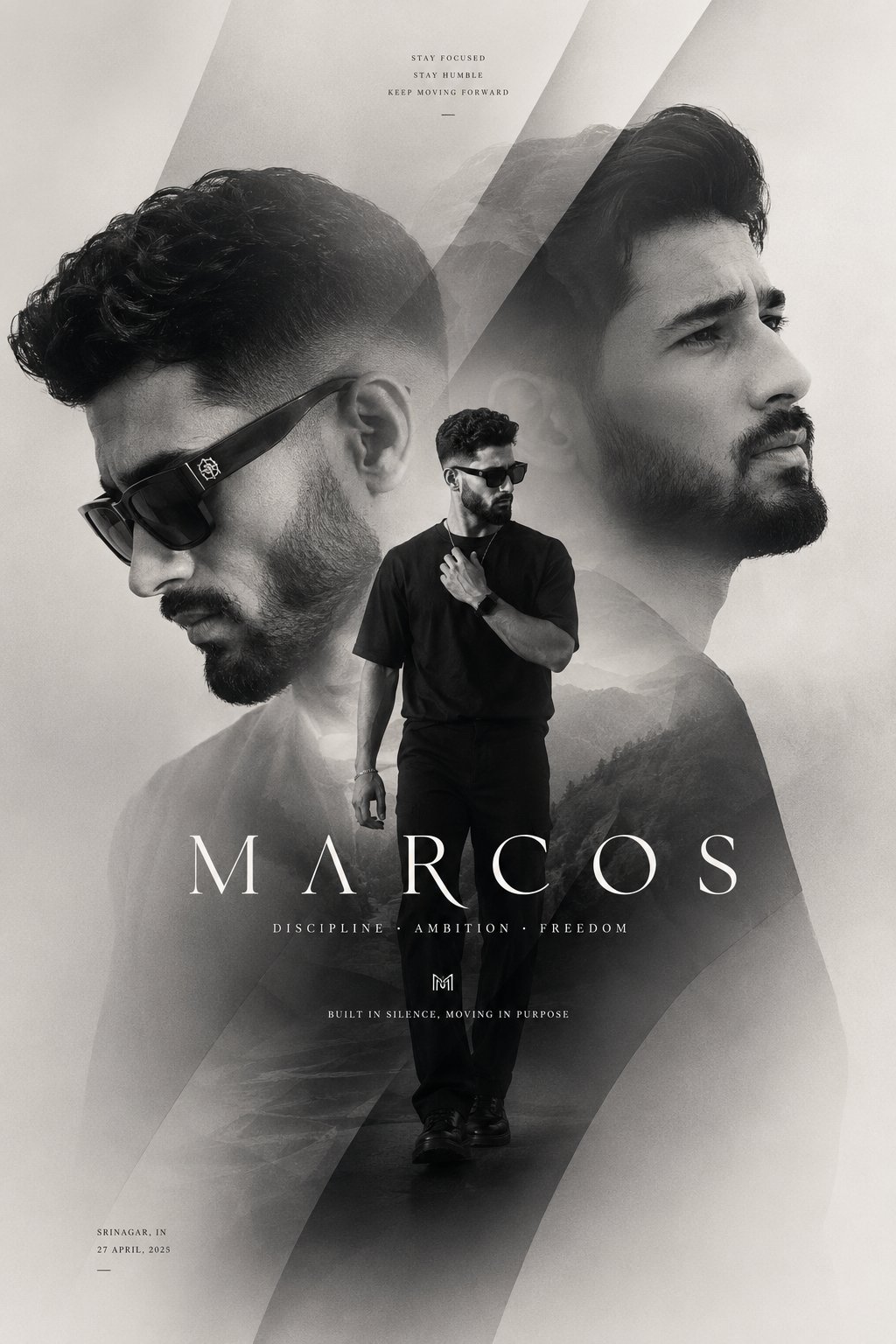 > Create a premium cinematic fashion poster in a monochrome black, charc...