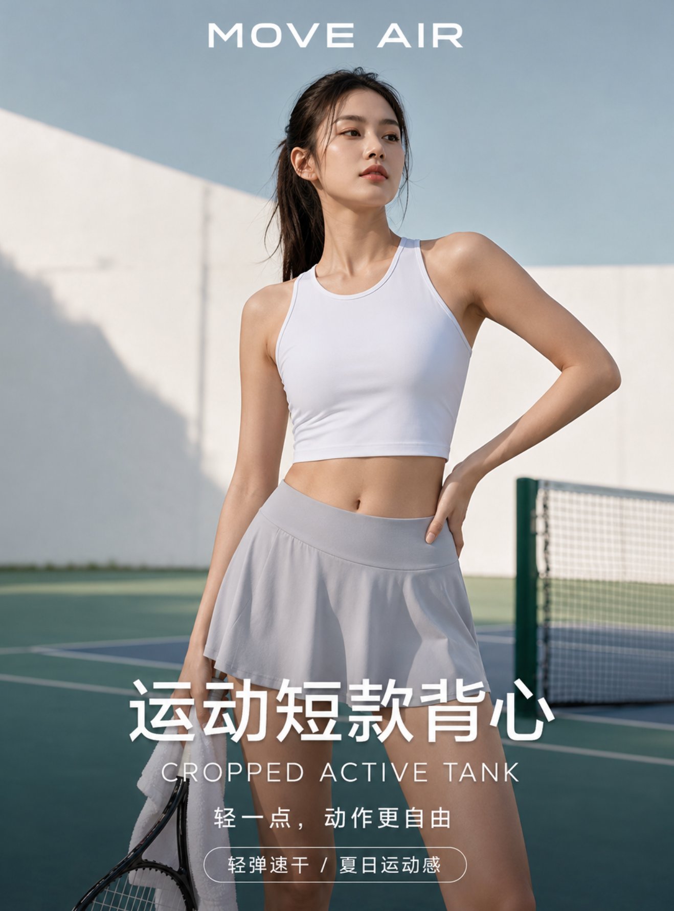 网球场清新活力运动背心时尚海报 GPT Image 2提示词: 高级写实夏装时尚海报,运动短款背心主题,一位成年年轻女性模特站在晨间网球场或极简...