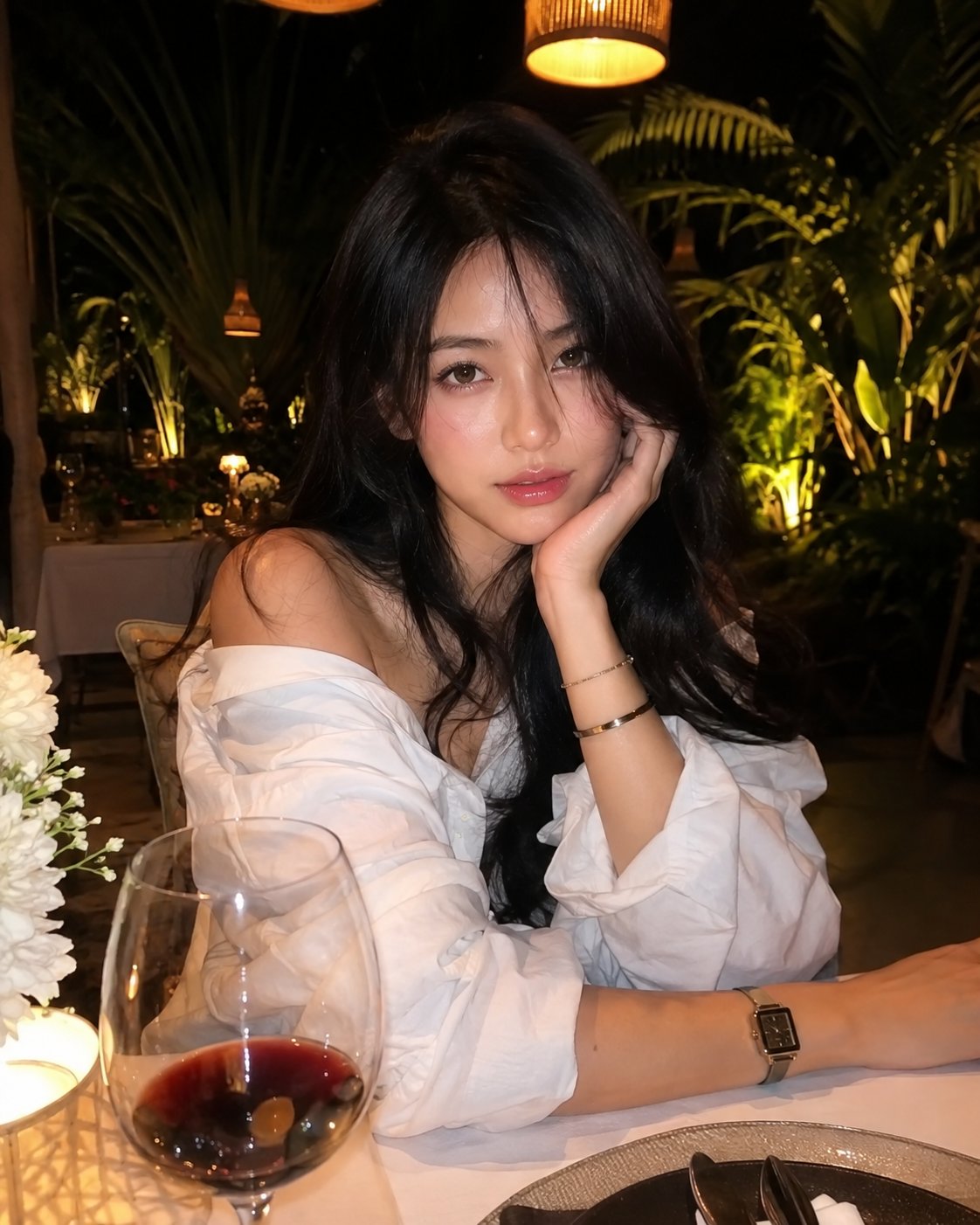 创建一张照片级真实的 iPhone 抓拍照片,内容是参考图片中的那位女士在一家豪华热带餐厅的夜间场景。精确保留她的脸部和样貌特征。她穿着超大号白...