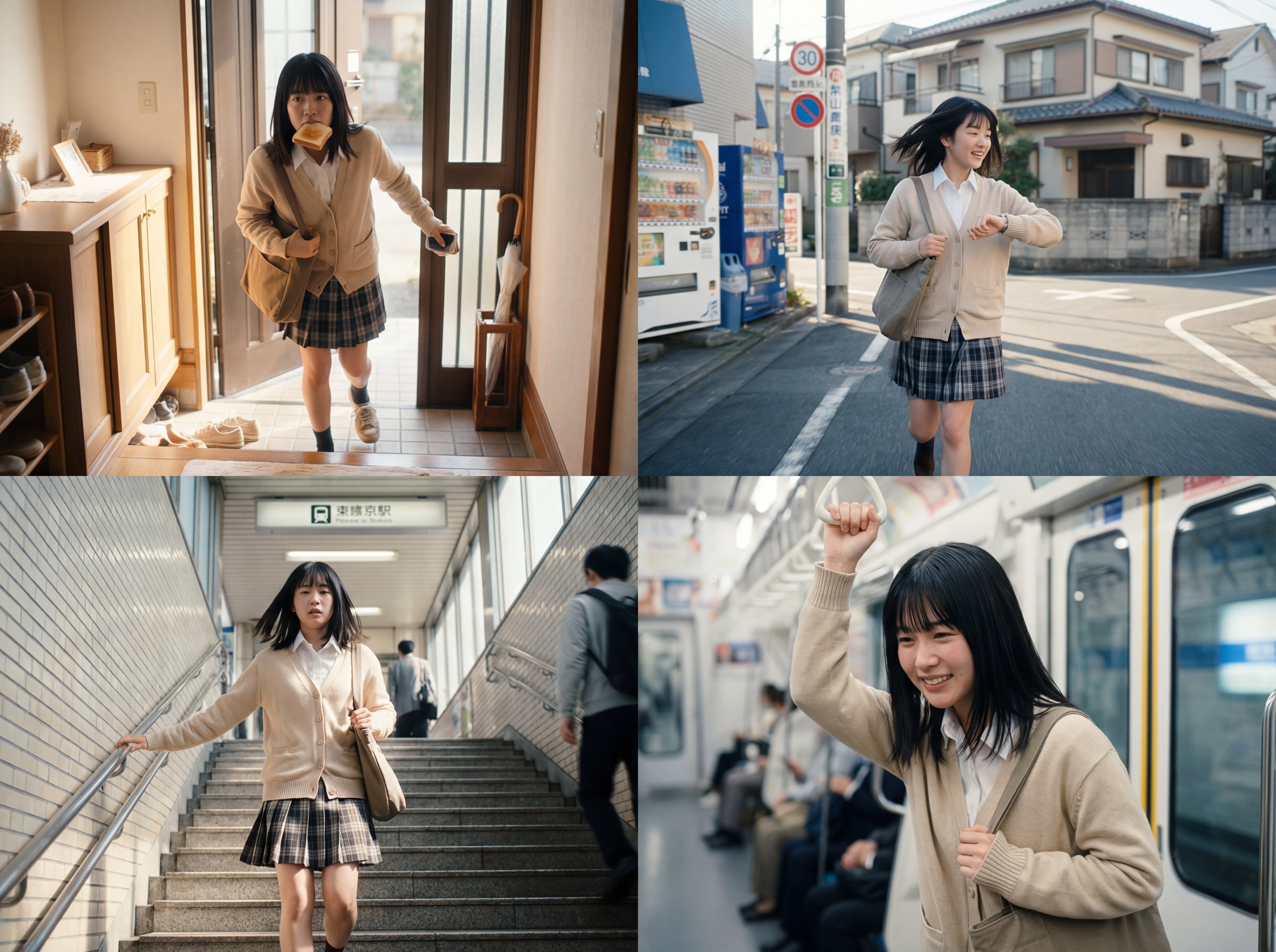 四宫格：日系少女赶地铁