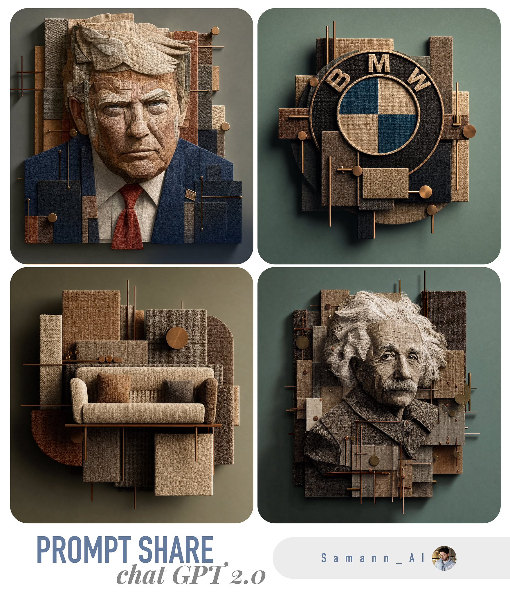 3D 织物艺术提示词分享拼贴画