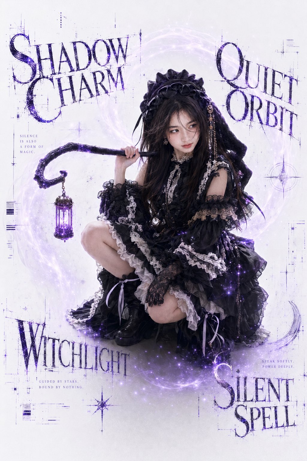 提示词： 上传参考人像，将人物替换为参考图中的女生，保留原图的魔法少女姿势、构图、镜头角度和白色棚拍背景