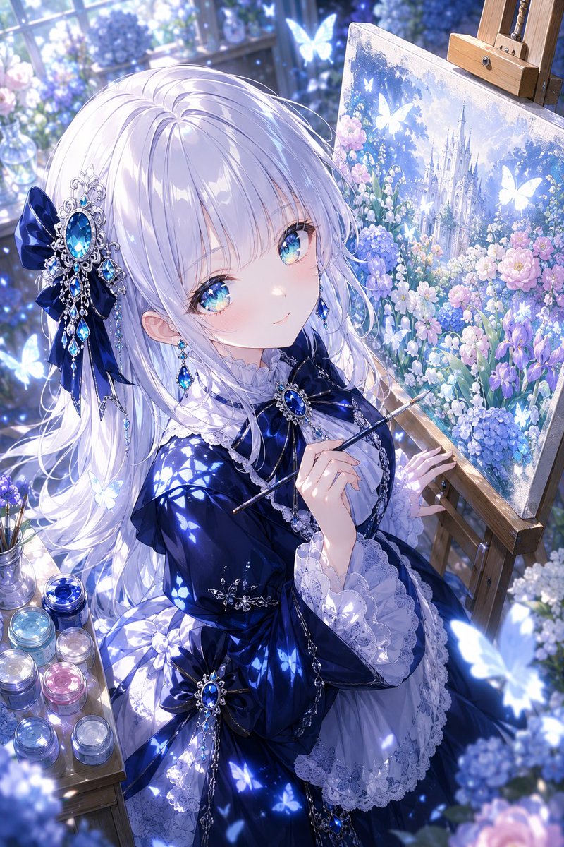 蓝色画室中的动漫奇幻画家