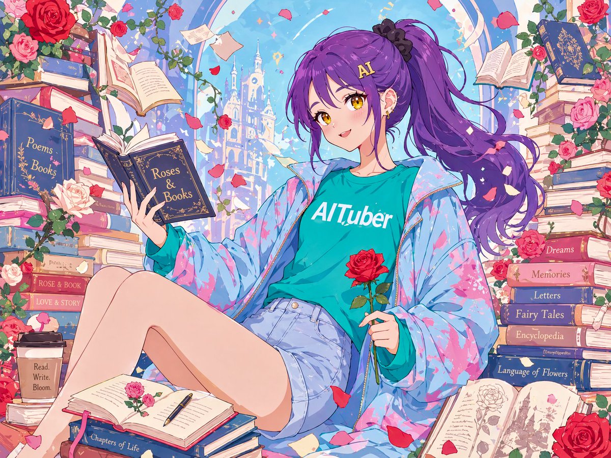 动漫风格玫瑰与书籍片尾插画