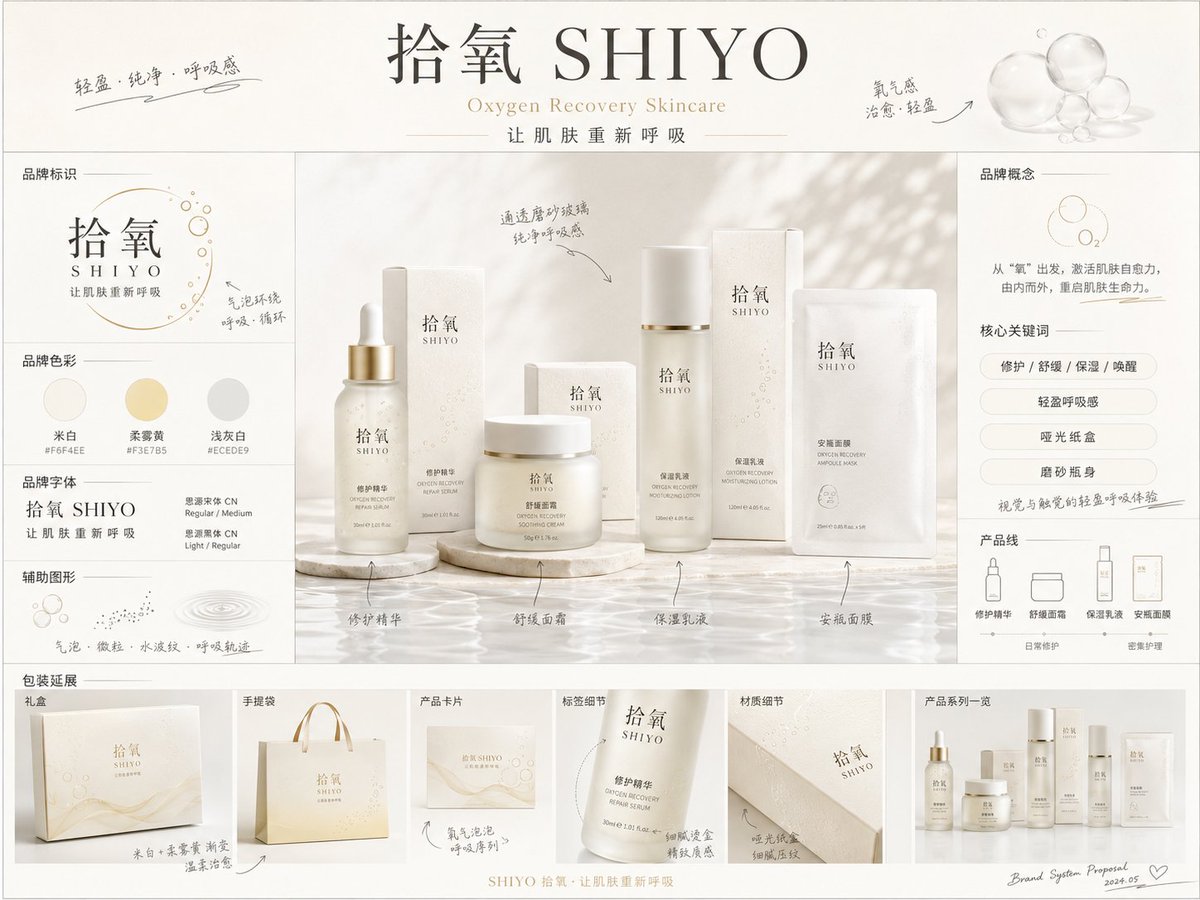 《品牌概念提案板》提示词: 请生成一张【画幅比例】的高完成度「品牌全案概念提案板 / Brand