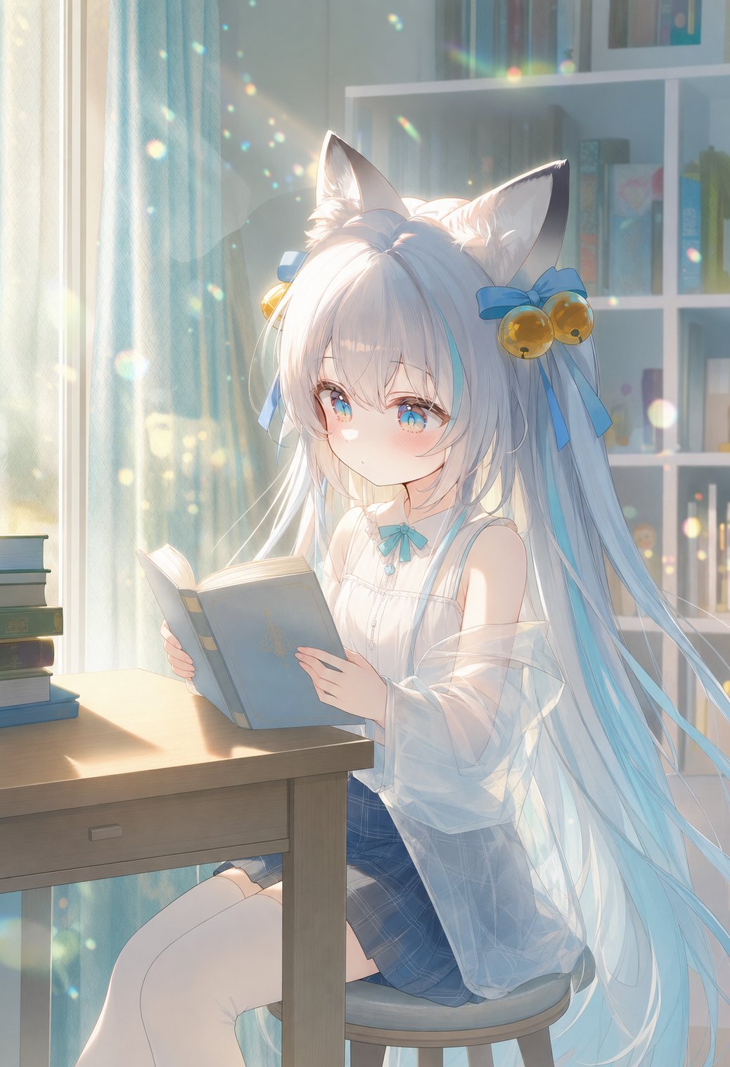 阳光下阅读的猫耳少女