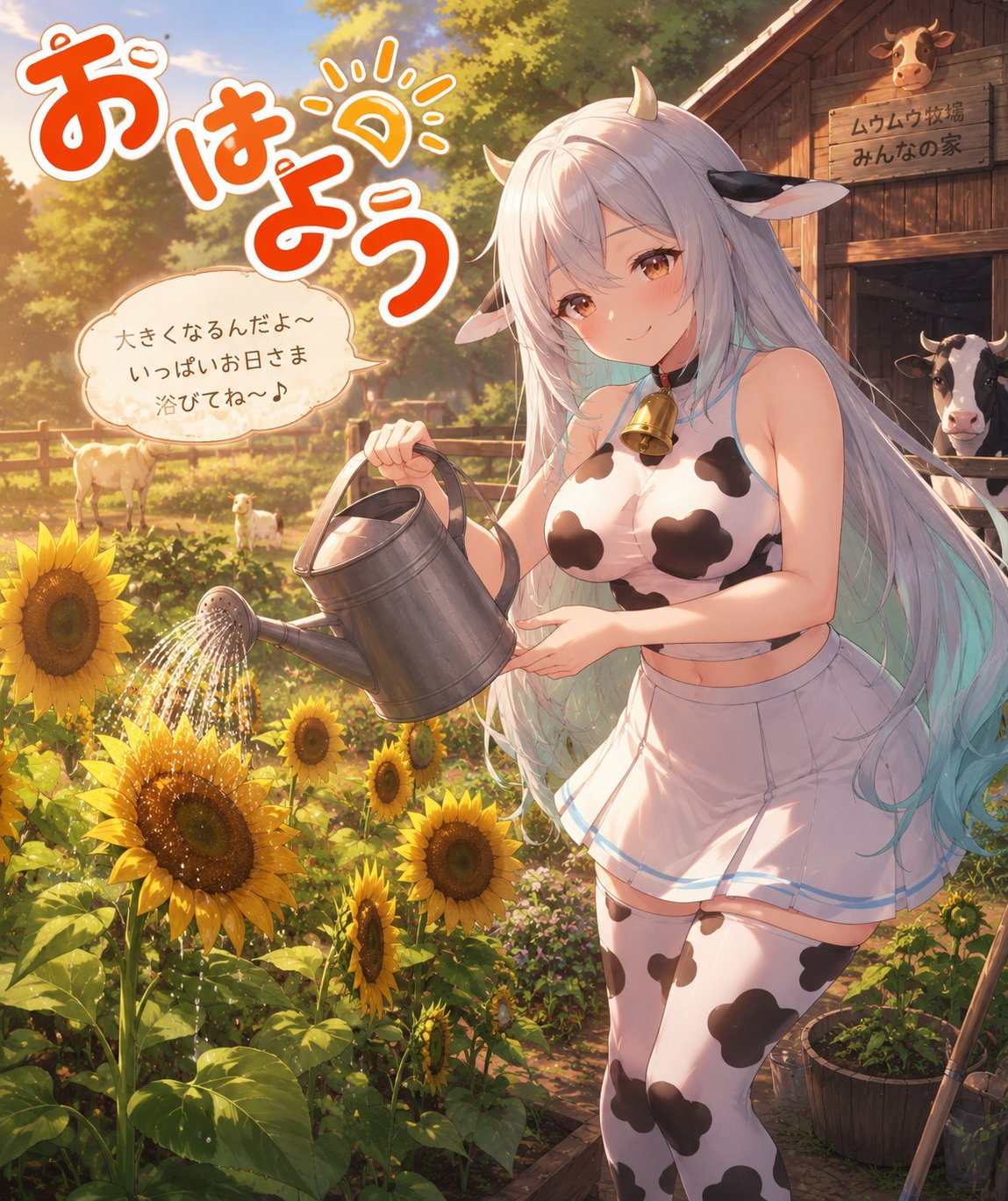 奶牛少女浇灌向日葵
