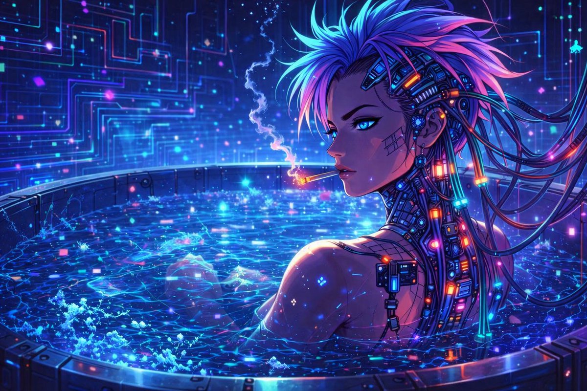 赛博朋克动漫风格角色:霓虹浴缸