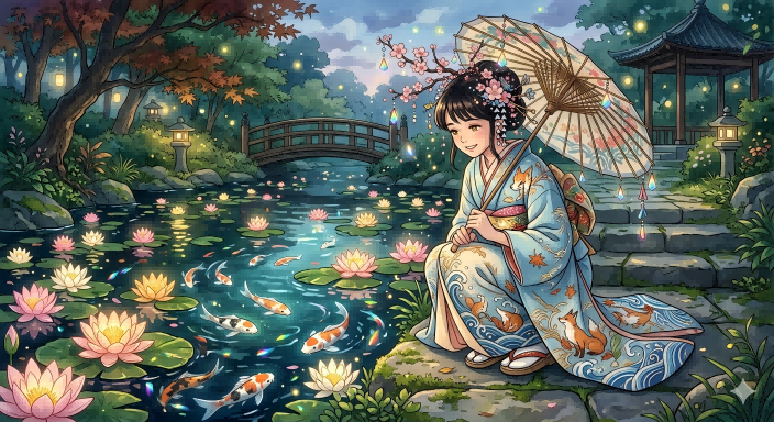 锦鲤池畔的梦幻和服女子